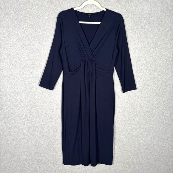 Talbots Dress Small Midi Navy Wrap Twist Ruched Modest Stretch Career Church